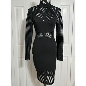 Akira Chicago Black Label Mesh Panel Bodycon Dress Mock Neck Long Sleeve Small
